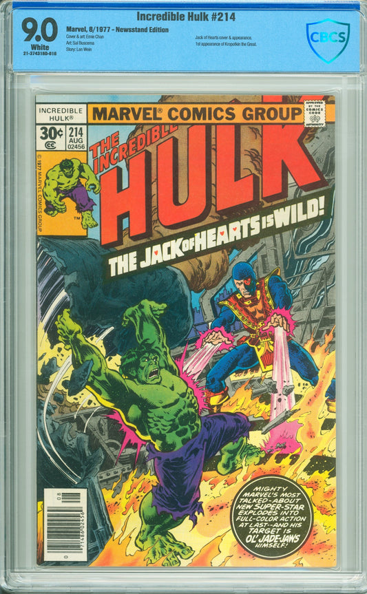 Incredible Hulk #214 (1977) CBCS 9.0 Grade - 1st Jack of Hearts - Newsstand Edition